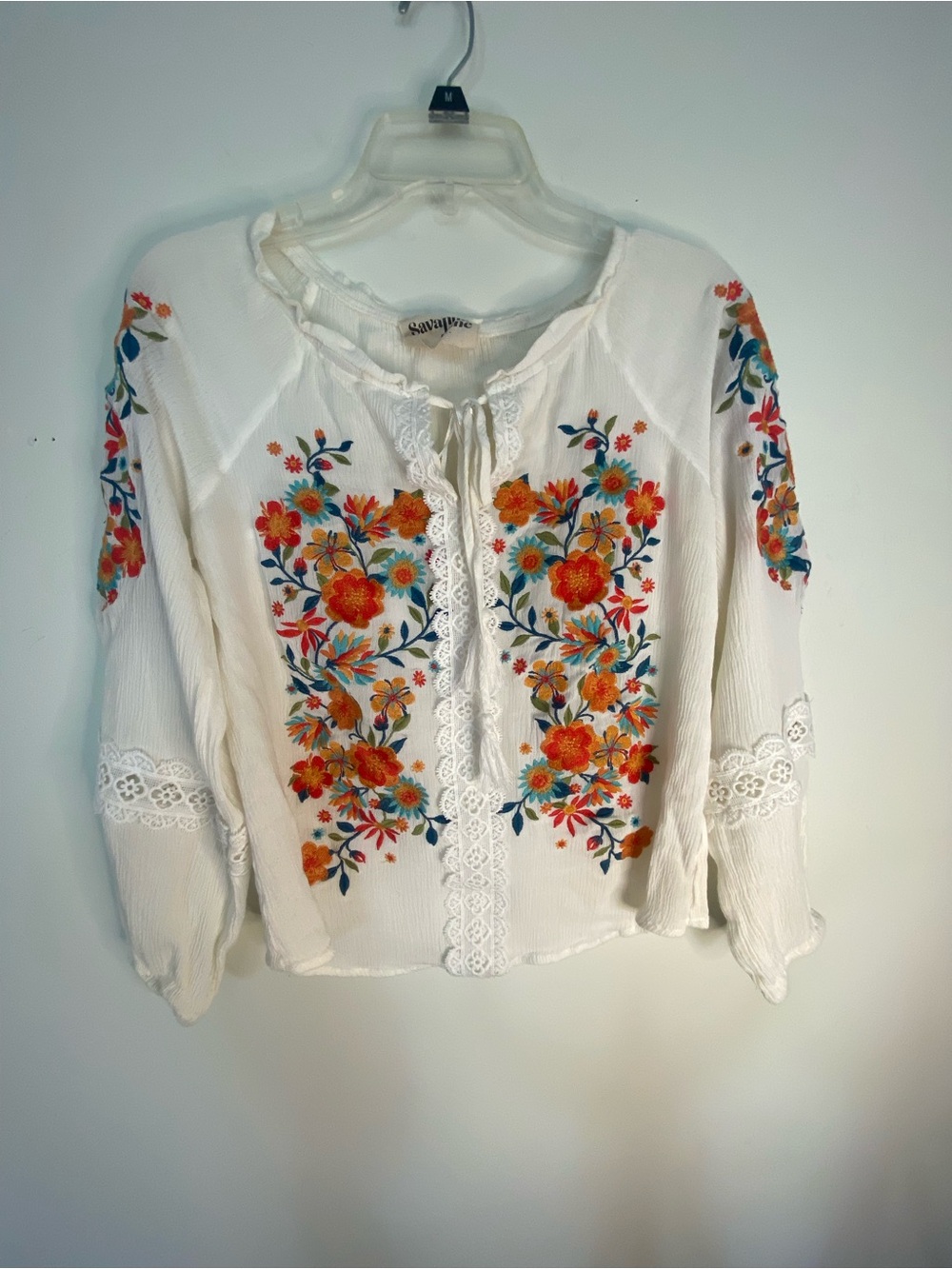 Savanna Jane White Peasant Blouse with Orange & Teal Floral Embroidery